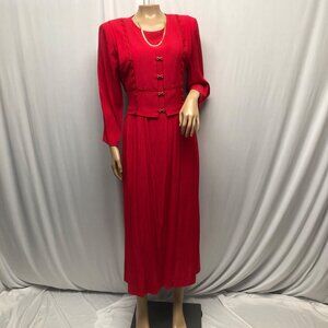 Miss Dorby Red Midi Dress Womens Size 10  Attached Tie Back Vest Vintage 80s